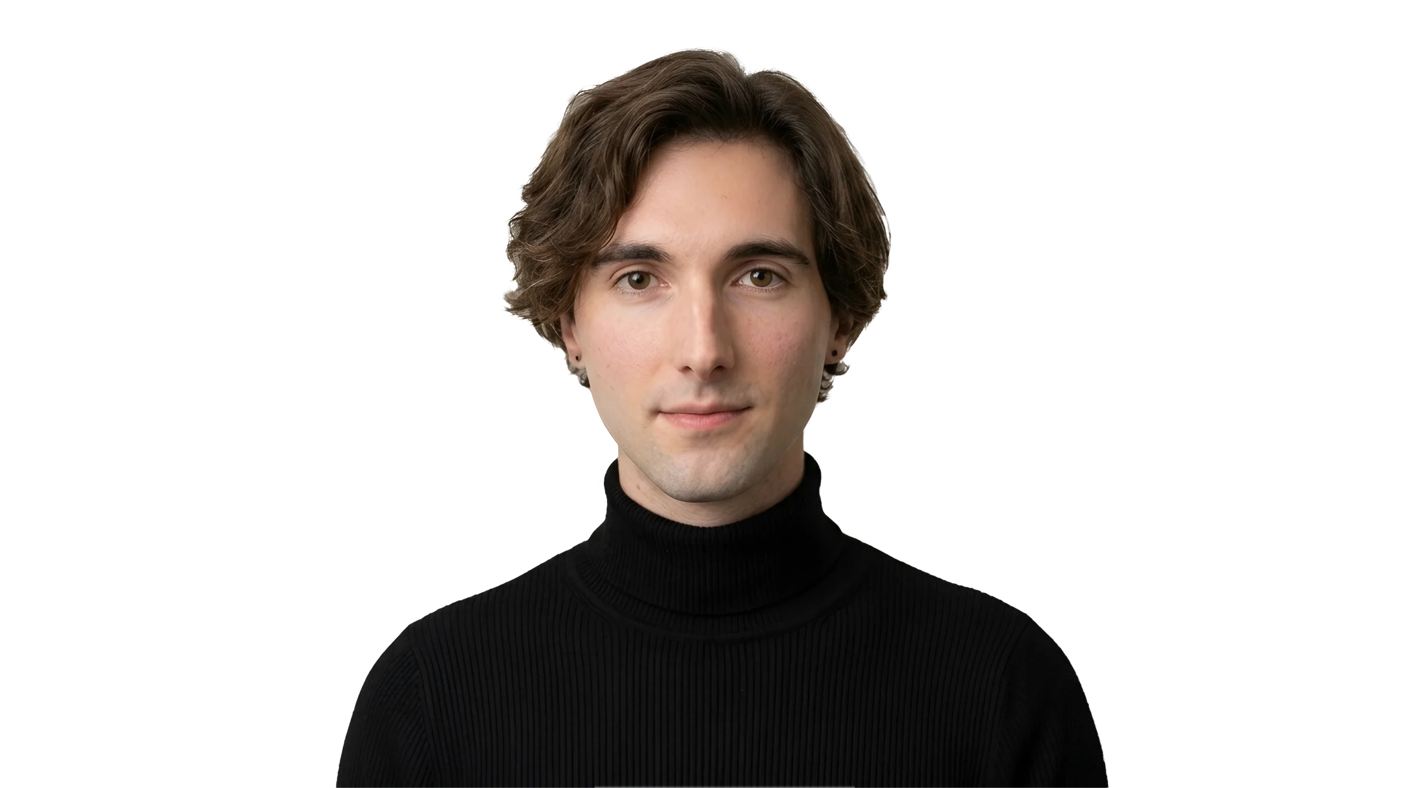 Cade Kukk, looking straight at the camera, in a black turtleneck