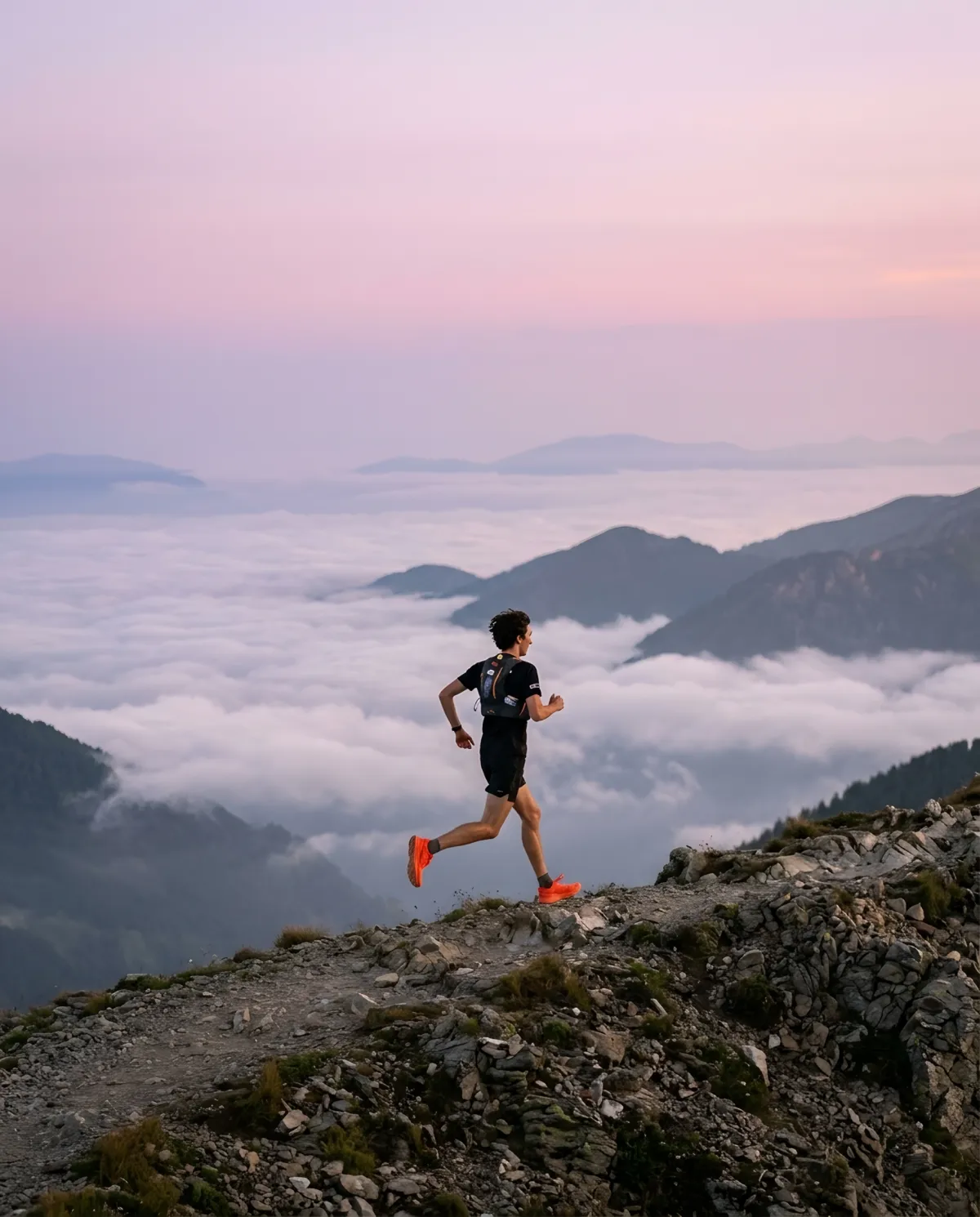 Cade running along a mountain ridge at sunrise above the clouds